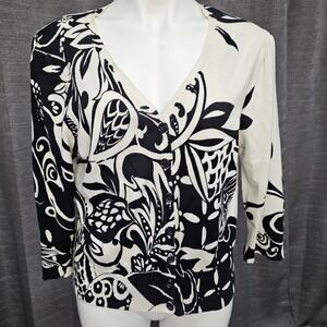 Nicole Miller Black & White Floral Button Front V-Neck Cardigan Sweater Size Med